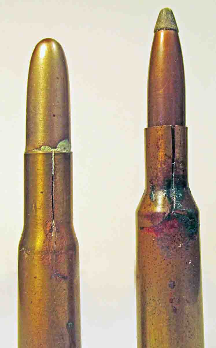 World War I brass is particularly prone to “season” cracking. Shown here are 1917-era examples of a .30-40 Krag and a .256 Newton case that have very short lives.